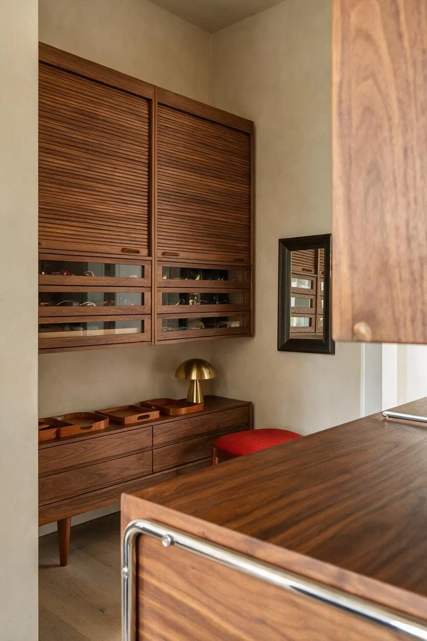 A compact mid-century modern closet features walnut slatted cabinet doors, glass-front storage, and a matching wood dresser beneath. A small brass mushroom lamp, a red upholstered stool, and a black-framed mirror add warmth and retro character against soft beige walls.