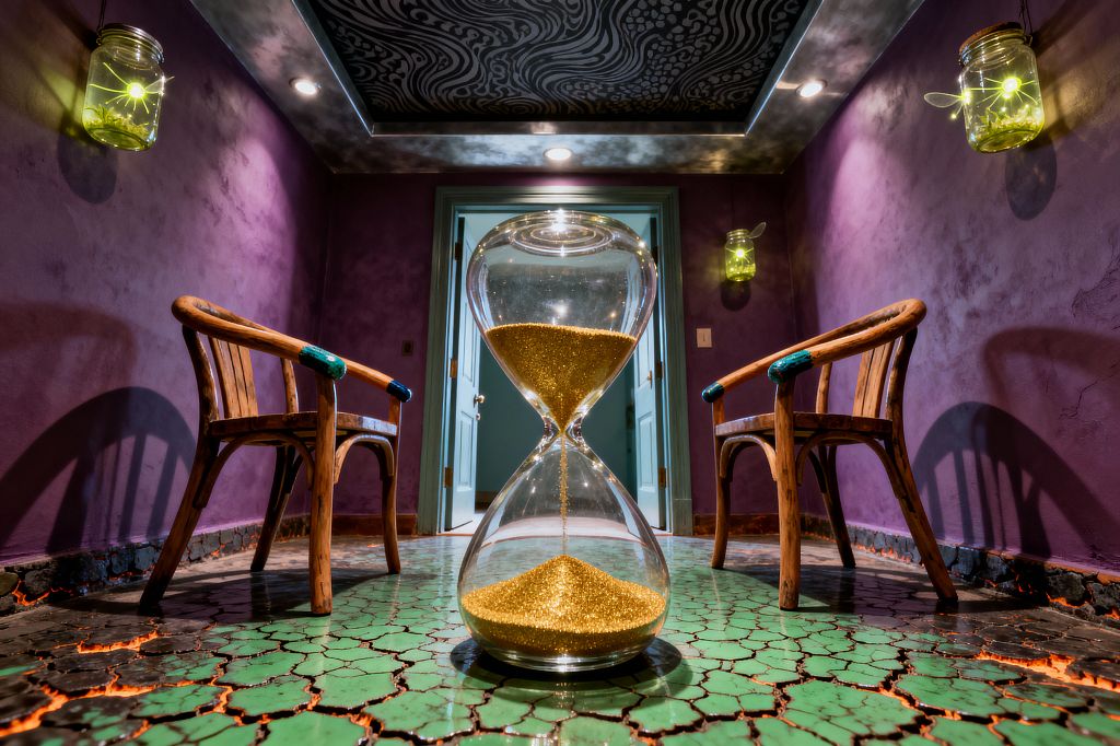 Symmetrical dining vignette with two curved wooden armchairs facing each other across a giant glass hourglass filled with gold sand. Deep purple plaster walls hold glowing mason-jar sconces casting green light. The floor is cracked jade ceramic with ember-like fissures around the edges. A recessed tray ceiling shows black-and-silver swirls with spotlights, and a teal double door centers the back wall, creating a moody, surreal atmosphere.