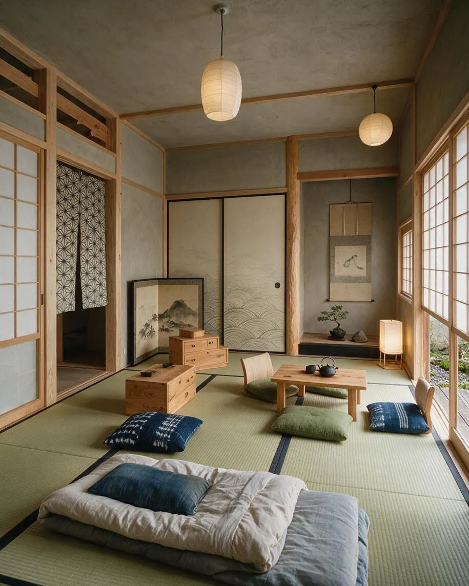 A Japanese Zen studio apartment with tatami mat flooring, shoji-style sliding doors, and light wood framing. Low wooden tables, floor cushions, a folded bedding stack, paper lantern pendant lights, and a tokonoma-style alcove with a scroll and bonsai create a calm, minimalist atmosphere.