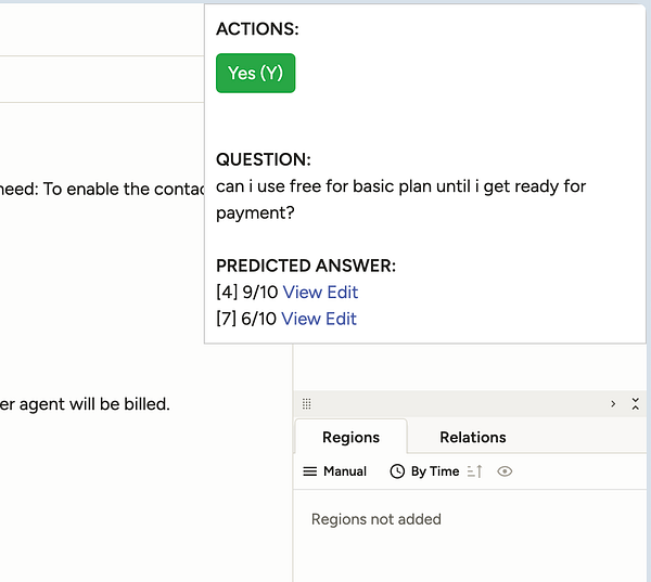 The image displays a user interface for a data labeling tool with a question and predicted answers.