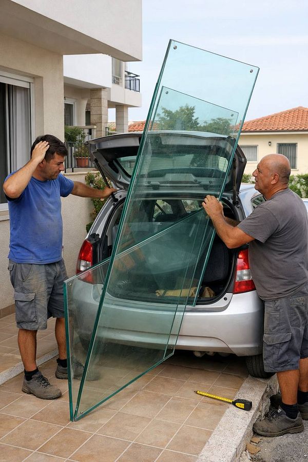 A silver small hatchback car with its trunk open, filled with large pieces of glass and cardboard wrapped around the cargo.