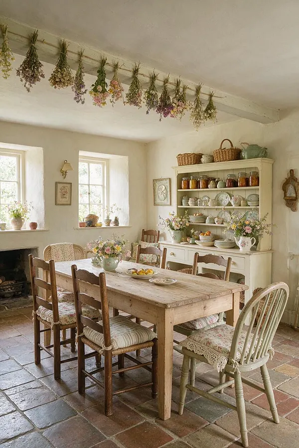 A cozy cottagecore dining room with a rustic wooden table surrounded by mixed vintage chairs, including spindle-back and painted styles with floral cushions. Cream walls, terracotta floor tiles, and a built-in hutch filled with jars, dishes, and baskets create a soft, handmade feel, while dried flowers hang from the ceiling beam overhead.
