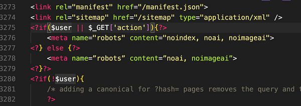 The image displays a code snippet related to HTML meta tags and conditional statements for handling user actions.