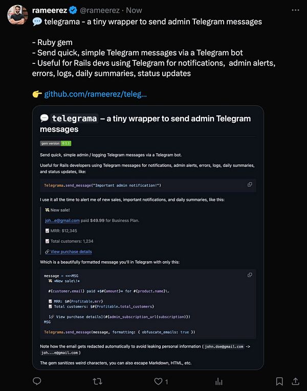 A tweet promoting the 'telegrama' Ruby gem for sending admin messages via Telegram.
