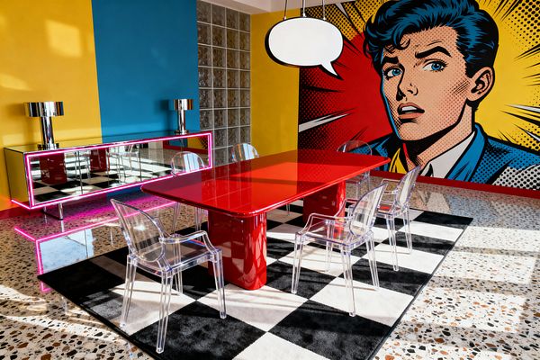 A Pop Art dining room features a glossy red rectangular table with four clear acrylic chairs on a black-and-white checkerboard rug. A large comic-style mural with a speech-bubble pendant light dominates a yellow wall, while an adjacent wall is painted bright blue. A mirrored sideboard outlined in neon pink holds two polished chrome lamps. Terrazzo flooring and a glass-block partition reflect abundant natural light across the space.