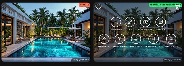 A luxurious tropical outdoor pool area is depicted, showcasing a serene environment with palm trees and lounge chairs.