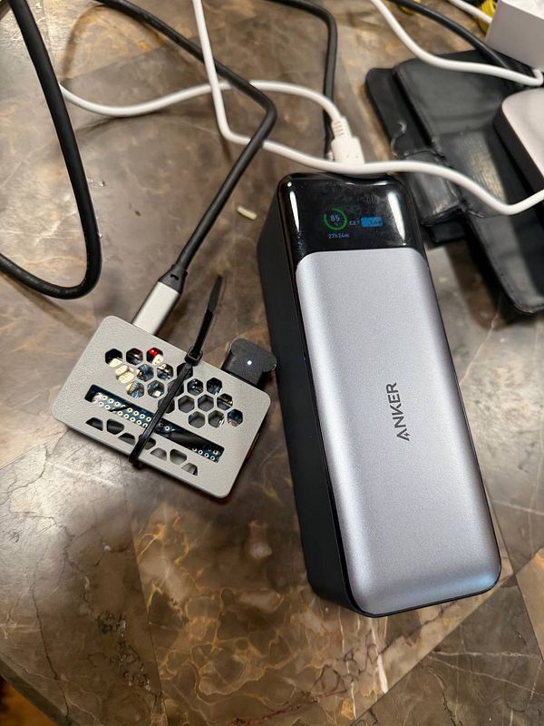A large orange tabby cat poses on a wooden surface indoors with a playful stance.