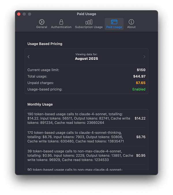 The image displays a user interface for tracking paid usage and billing details for a service in August 2025.