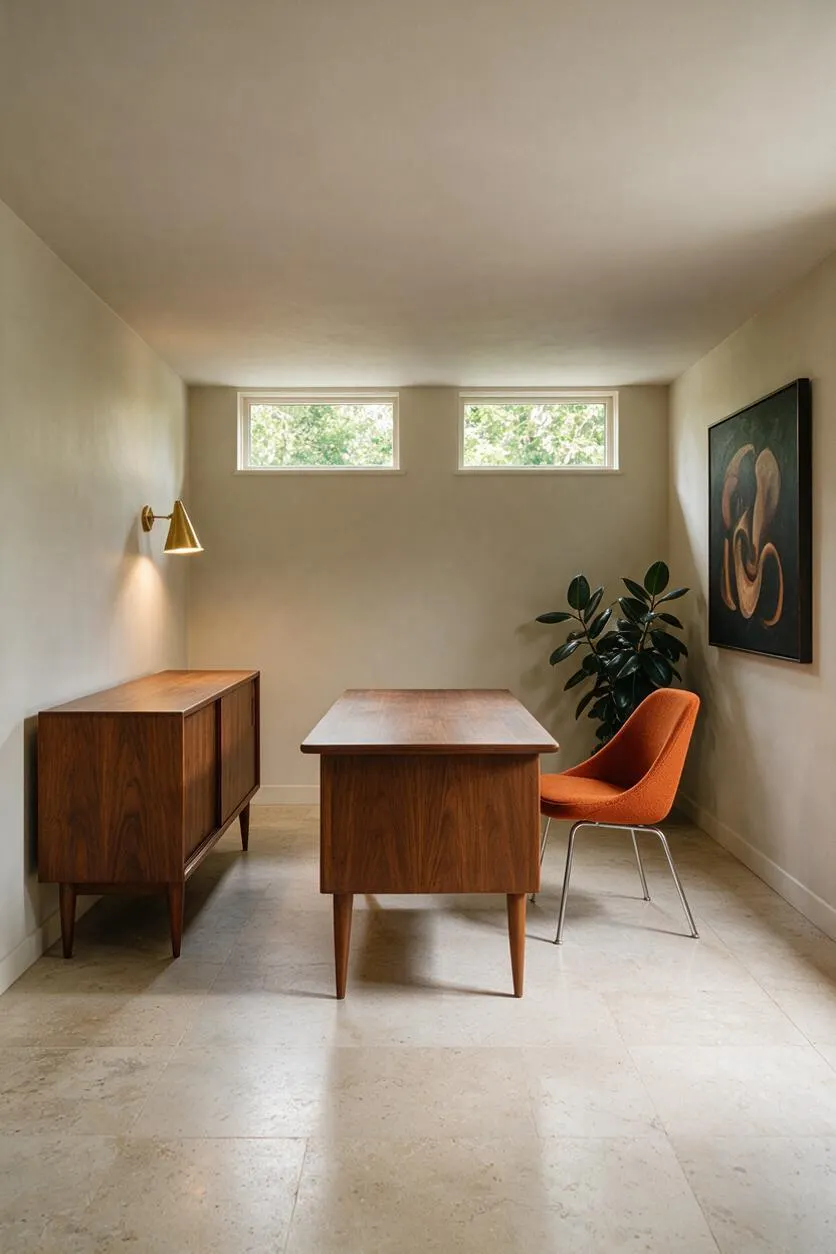 A minimalist basement room styled in mid-century modern design, with a walnut desk centered on a light stone floor, a matching side cabinet on the left, and an orange upholstered chair on the right. Cream walls, two small horizontal windows, a brass wall sconce, a leafy plant, and framed abstract art complete the calm, retro-inspired space.