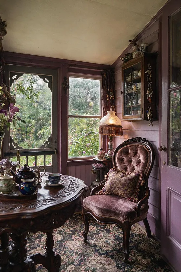 A cozy Victorian front porch with lavender paneled walls, an ornate tufted velvet chair, and a carved wooden tea table set with china. Tall windows, a decorative rug, and a fringed lamp create a romantic, old-world sitting area.