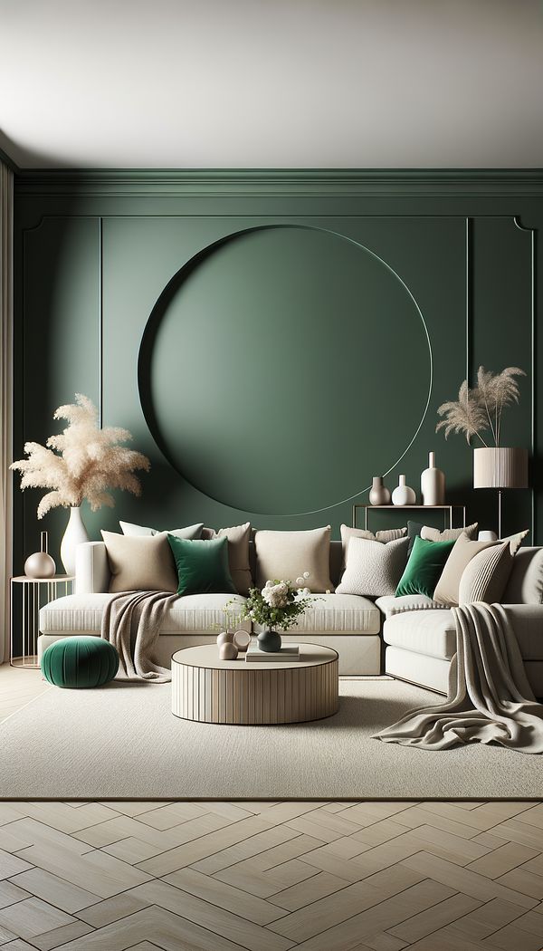  a stylish living room with a bold emerald green accent wall, complemented by neutral furniture and decor