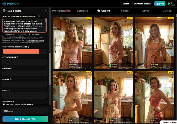 The image displays a user interface for a photo generation tool featuring various images of a woman in vintage 1950s-style outfits.