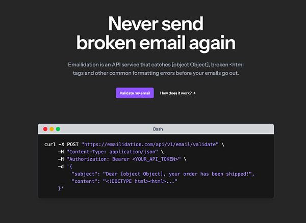 The image features a terminal demonstration of an API service for email validation.