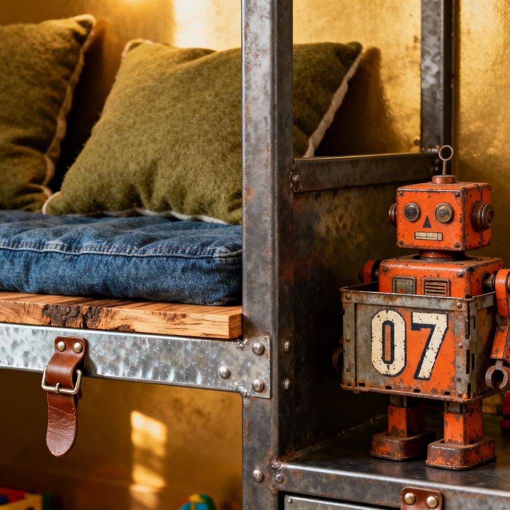Close-up of a child’s room corner with riveted galvanized-steel shelving that forms a bench. A reclaimed wood plank supports a thick denim cushion, paired with two olive green wool pillows. A weathered orange metal robot labeled 07 sits on the lower shelf. A leather strap with a buckle hangs from the frame. Warm golden walls and sunlight highlight the textures of metal, wood grain, denim, and felt, creating a cozy industrial look.