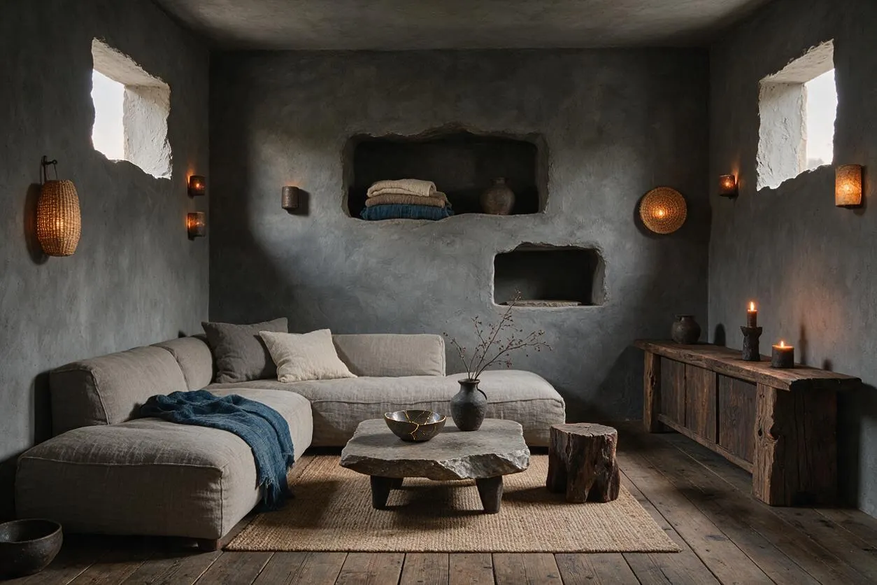 A moody basement living space with rough plaster walls, a low beige sectional sofa, and carved wall niches holding folded textiles and pottery. Natural wood floors, a stone coffee table, woven lighting, candles, and a rustic wood console create a calm Wabi-Sabi atmosphere.