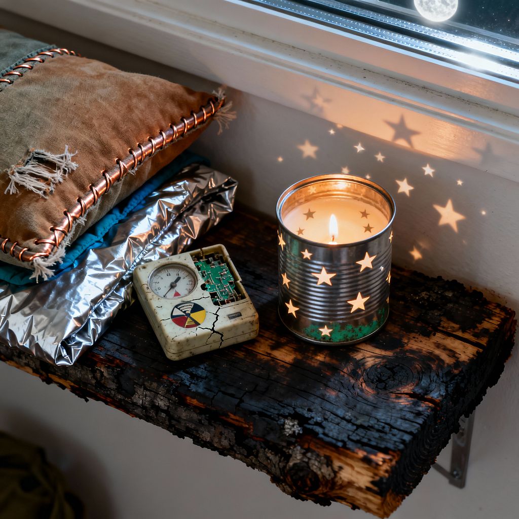A close-up of a bedroom vignette shows a charred live-edge wood shelf beneath a window. On it, a star-punched tin-can candle glows and projects star shapes onto a white wall, beside a distressed khaki canvas pillow hand-laced with copper wire, a folded teal textile stacked over a crinkled silver emergency blanket, and a cracked radiation gauge with an exposed circuit board, combining salvaged materials and warm light in a post-apocalyptic aesthetic.
