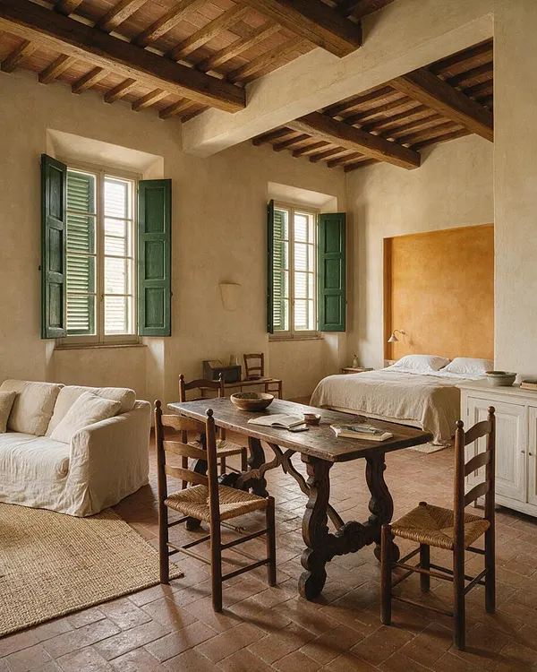 A warm Mediterranean-style studio apartment with exposed dark wooden ceiling beams, cream plaster walls, terracotta tile flooring, and green-shuttered windows. The space combines a white slipcovered sofa, a rustic wooden dining table with woven chairs, and a bed set into an ochre-toned alcove.