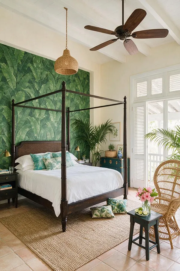 A tropical-style guest bedroom with a dark wood four-poster canopy bed against a large green leaf-patterned accent wall. The room includes white bedding, woven textures, rattan seating, potted palms, and bright shutters beside a balcony door.