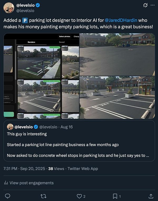 The image features a Twitter post showcasing a parking lot designer tool integrated into Interior AI.