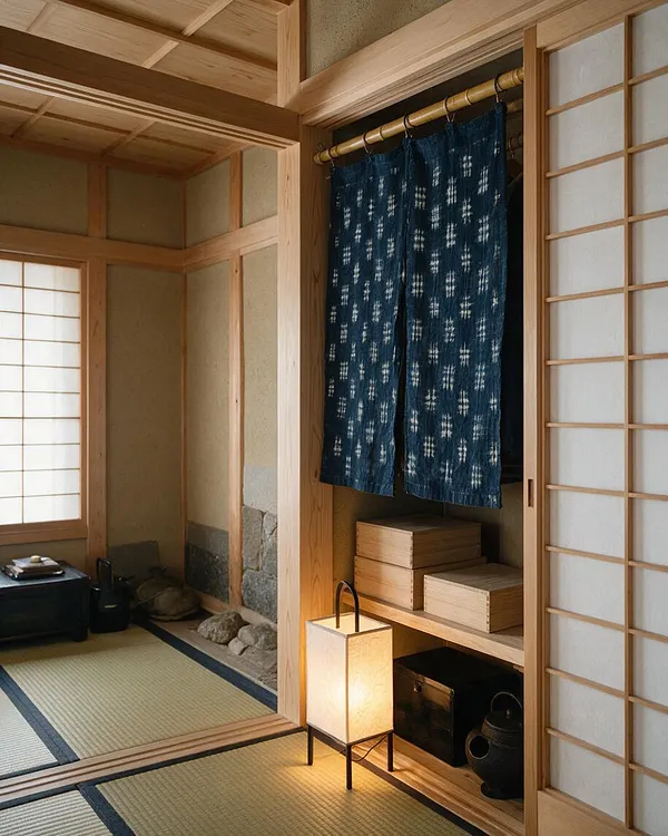 A Japanese Zen style closet with light wood framing, shoji sliding doors, and indigo fabric curtains. Open shelving holds wooden boxes and dark storage pieces, while a paper lantern glows softly on the tatami floor beside the closet.