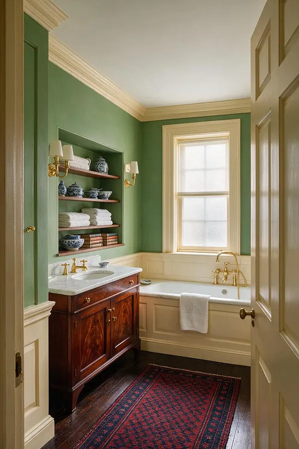 A traditional master bathroom with rich green walls, cream trim, and a dark wood vanity topped with white marble. Built-in shelves hold folded towels, blue-and-white ceramics, and books beside a white tub and window trimmed in cream.