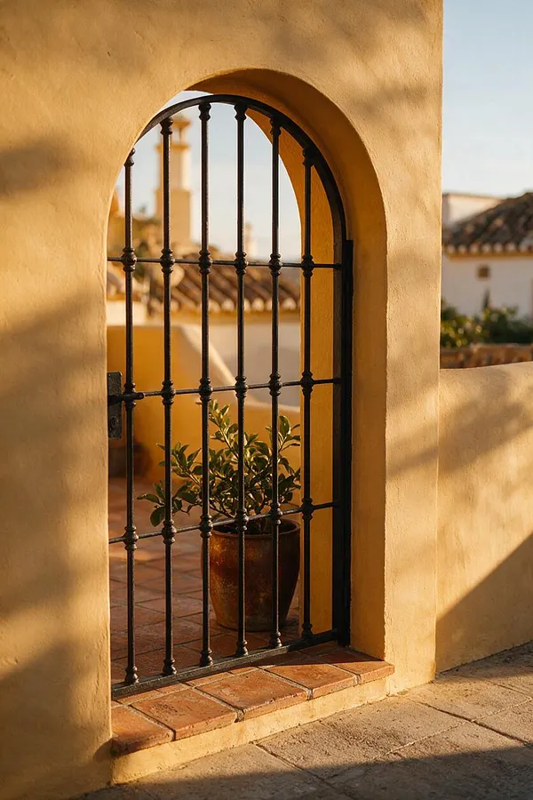 A Mediterranean-style exterior features a warm stucco wall with a tall arched opening fitted with black wrought iron bars. Terracotta floor tiles, a potted plant, and sunlit shadows create a rustic, inviting courtyard feel.
