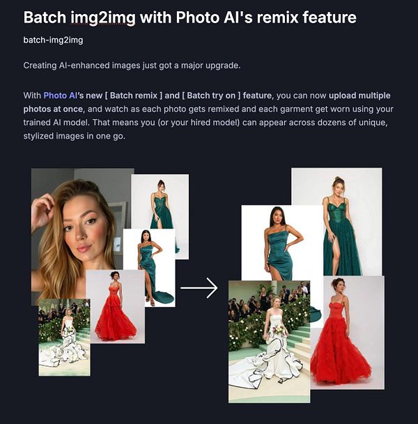 The image illustrates the Batch img2img feature of Photo AI, showcasing various photos of models in different outfits.