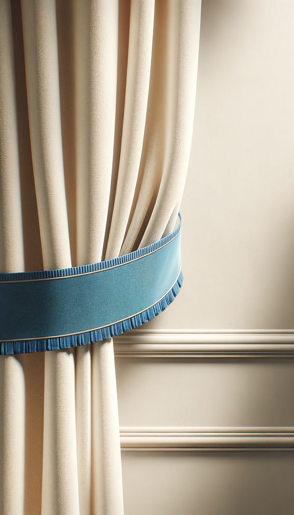 A close-up of a cream-colored curtain with a vibrant blue Ribbon Band accent along the bottom edge, against a softly lit, neutral backdrop.