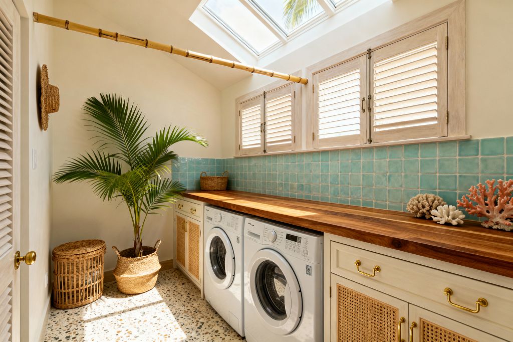 A bright laundry room in tropical style features a long solid-wood counter over a white front-loading washer and dryer, with a sea-glass aqua square-tile backsplash. Sunlight from a skylight and louvered windows highlights cream cabinets with rattan fronts and brass pulls, a bamboo ceiling rod, terrazzo flooring, a potted palm in a woven basket, a wicker hamper, and coral decor on the counter.