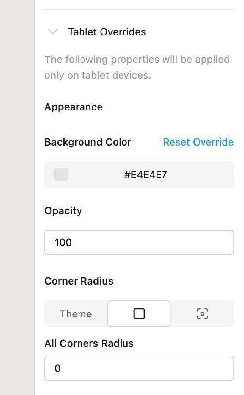The image displays a user interface for configuring tablet-specific overrides.