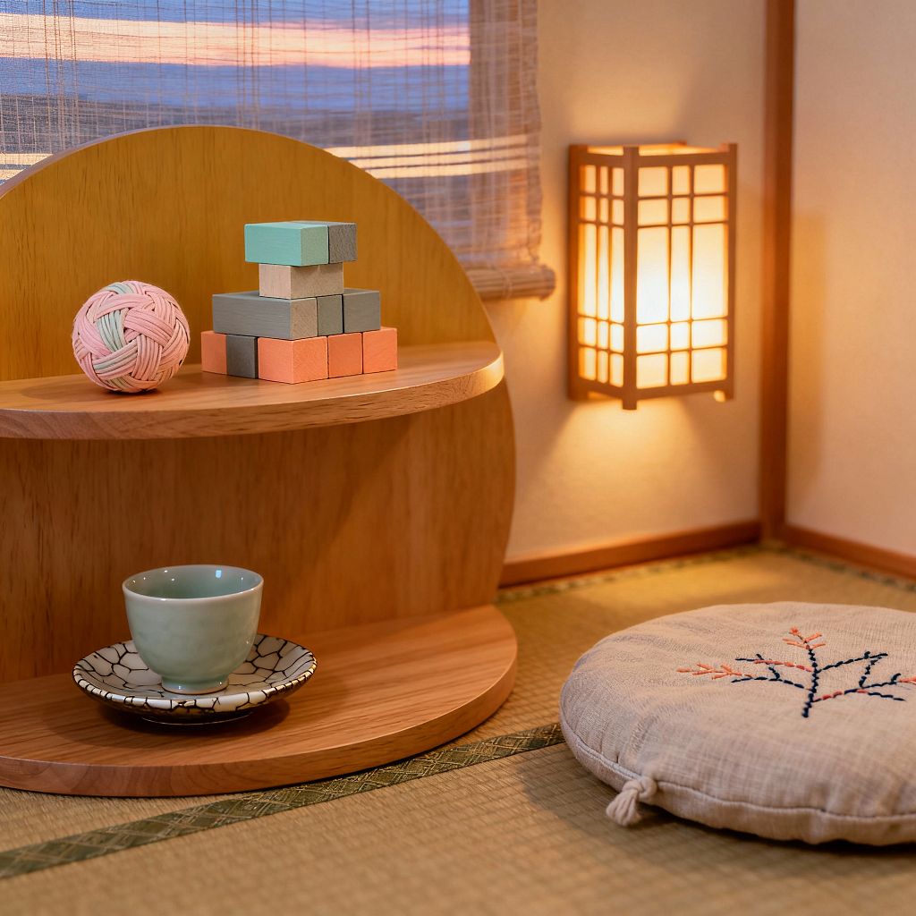 A small Japanese-style kids’ corner features a low, semi-circular wooden shelf holding pastel stacking blocks, a woven yarn ball, and a celadon cup on a crackle-glaze saucer. The space sits on tatami mats with green trim beside a round linen floor cushion embroidered with a branch motif. A shoji-style wall lantern casts warm, diffuse light, and woven bamboo blinds filter the window. Neutral walls and natural wood trim keep the scene minimal and calm.
