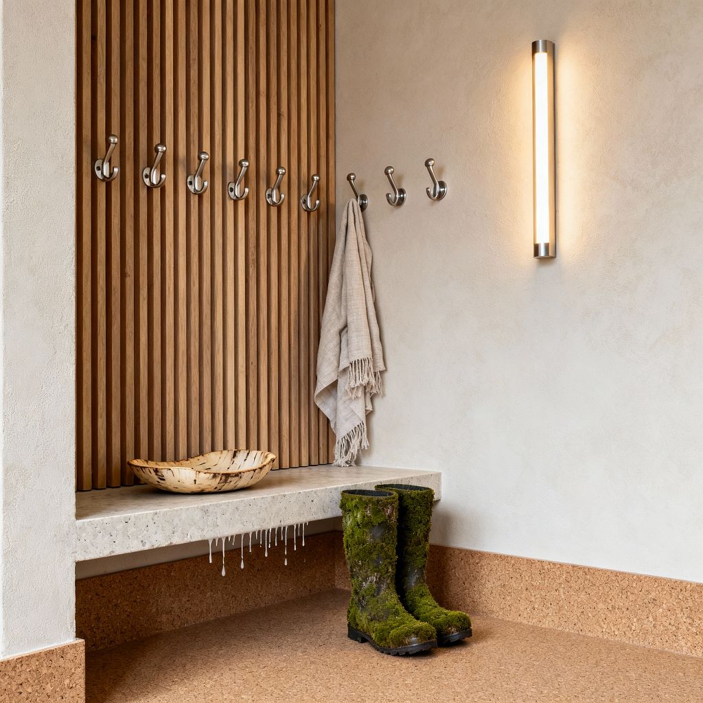 A minimalist mudroom niche features vertical oak slats beside warm white plaster walls, each lined with a row of brushed steel hooks. A floating light-stone bench holds a pale wood bowl and a draped neutral scarf, with subtle white drips beneath the edge; a slim vertical wall sconce casts warm light over cork flooring and skirting, where moss-covered rubber boots rest.
