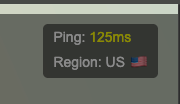 The image displays a server status indicator showing ping and region information.