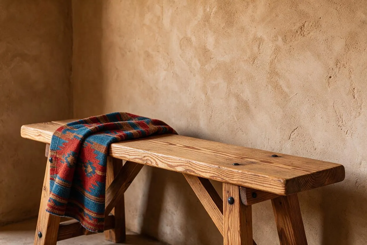 A rustic wooden bench sits against a textured adobe-style wall, with a colorful Southwestern blanket draped over one end. The bench has thick plank seating, simple angled legs, and visible black hardware, creating a warm, handcrafted look.