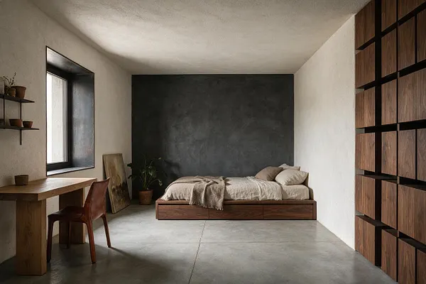 A minimalist kids' room with a low wooden bed against a dark charcoal accent wall, a concrete floor, and white plaster walls. A wooden desk and chair sit near a deep-set window, while a grid of wood-front storage panels lines the right wall.