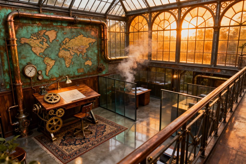 Home office set in a glass‑roofed conservatory with tall arched windows glowing at sunset. A patinated copper wall bearing a world map and exposed copper pipes faces a walnut drafting desk fitted with large brass gears and a task lamp over a patterned rug; gauges and clocks hang nearby, steam rises beside frosted glass partitions enclosing wood desks, and polished concrete floors and wrought‑iron railings complete the industrial Victorian look.