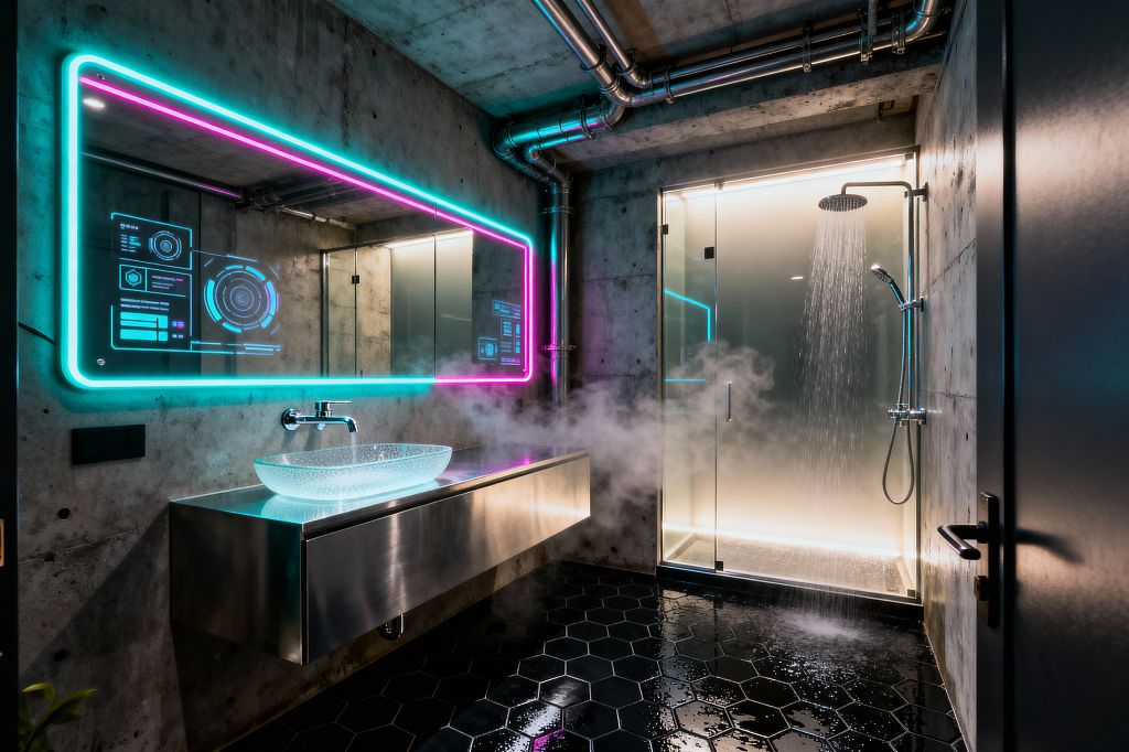 An industrial cyberpunk bathroom with raw concrete walls and ceiling, exposed steel piping, and a floating brushed-steel vanity supporting a frosted glass vessel sink. A wide smart mirror edged in cyan and magenta neon displays interface graphics, while a glass-enclosed shower glows with warm backlighting and rainfall hardware; glossy black hex tiles reflect water and steam across the floor, creating a moody, high-tech atmosphere.