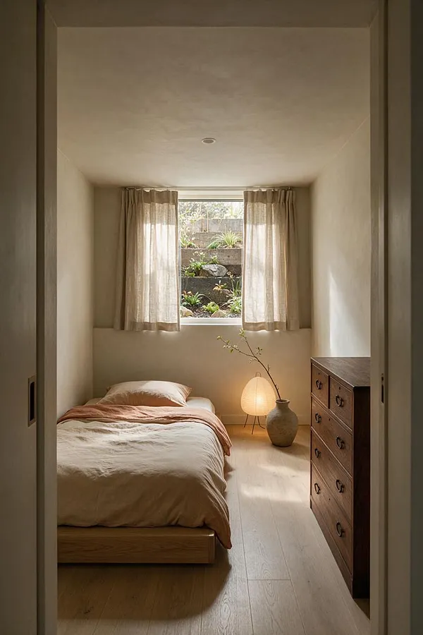 A narrow basement bedroom styled in Japandi minimalism, with a low wood platform bed dressed in cream and blush bedding, a dark wood dresser, and a soft glowing paper lamp. Sheer curtains frame a small window that looks out to a terraced garden, bringing natural light and greenery into the calm neutral space.