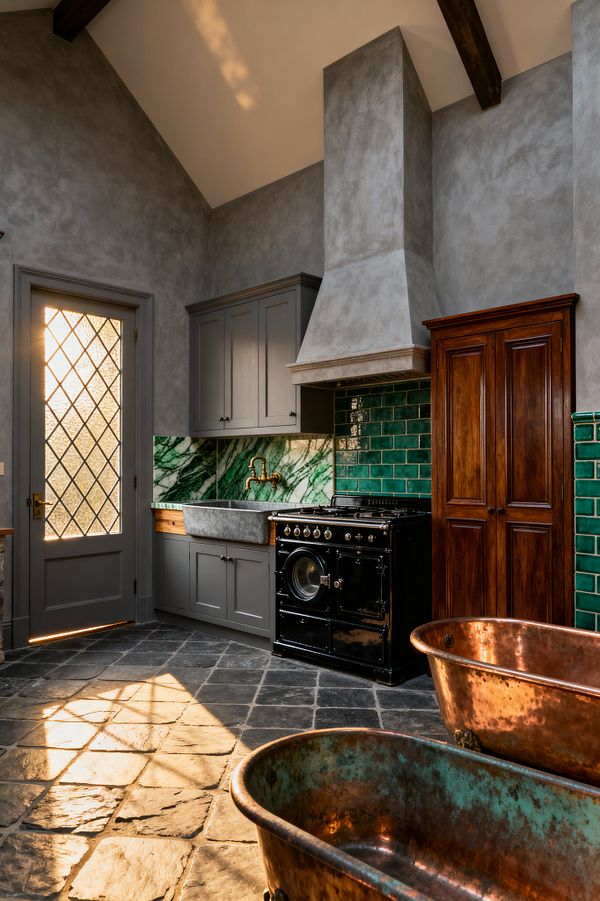 A Victorian-inspired laundry room with two patinated copper tubs in the foreground on a slate floor, surrounded by gray plaster walls and a vaulted ceiling with a dark timber beam. Gray shaker cabinets flank a carved stone farmhouse sink with a brass wall-mount faucet, set against an emerald-green marble slab and glossy green subway tiles. A black enameled cast-iron range sits beneath a masonry hood beside a tall stained-wood cupboard and a sunlit leaded-glass door.