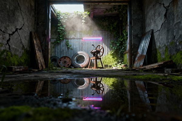Abandoned laundry space with cracked concrete walls and moss, featuring a rusted hand-crank wringer centered against corrugated steel. Salvaged tires and round metal discs sit on the floor, while ivy climbs the back wall; a magenta-and-blue neon tube glows overhead as daylight streams through a broken roof, catching mist and reflecting in shallow puddles, creating a stark mix of industrial decay and encroaching greenery.