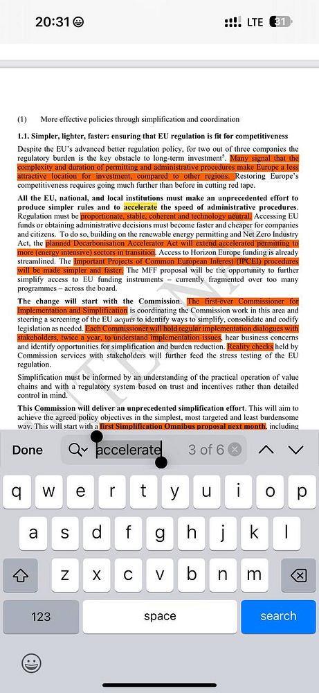 The image displays a document discussing EU regulatory policies with highlighted mentions of the word 'accelerate'.