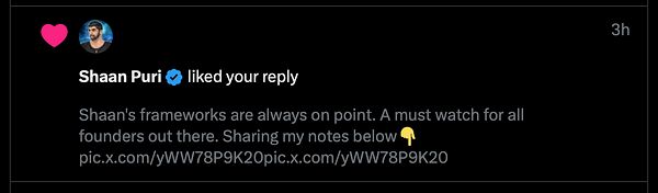 A tweet notification showing that Shaan Puri liked a user's reply.