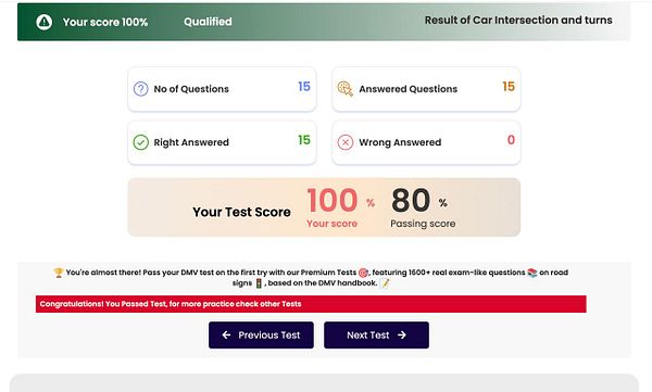 The image displays the results of a driving test focused on car intersections and turns.
