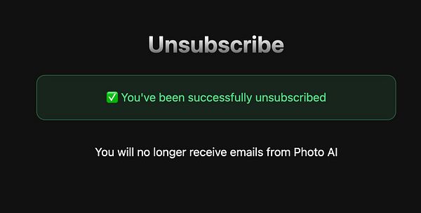 The image displays a confirmation message for successfully unsubscribing from marketing emails.