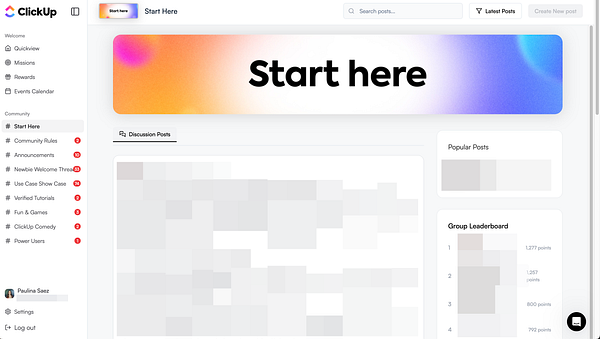 The image displays the ClickUp community interface with a focus on the 'Start Here' section.