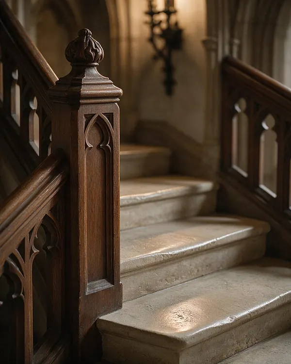 A close-up view of a Gothic staircase showing carved dark wood balustrades with pointed arch cutouts and a decorative newel post. The pale stone steps contrast with the rich brown wood, and a softly lit wall sconce glows in the background.