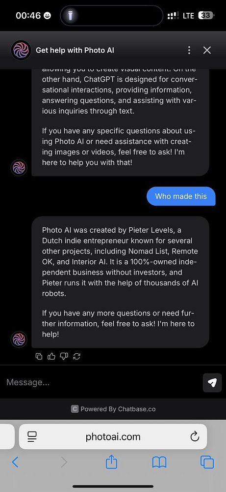 The image displays a chat interface discussing the Photo AI tool and its creator.