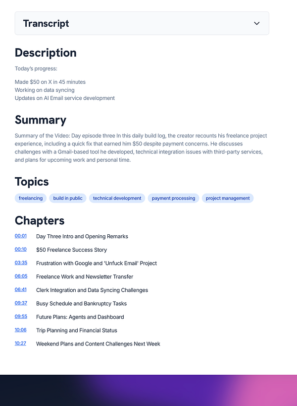 The image displays a detailed transcript of a YouTube video, including a description, summary, topics, and chapter breakdown.