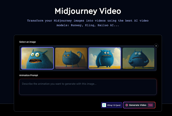 The image displays a user interface for generating videos from Midjourney images using AI models.