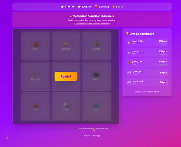 The image displays a colorful interface for the Windsurf Acquisition Challenge game, featuring a grid of company icons and a live leaderboard.